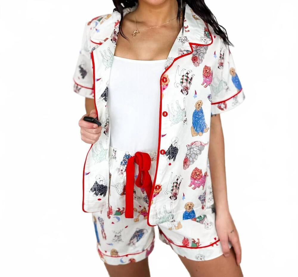 NEW SHE + SKY sleepy pup high-rise cotton pj set in ivory